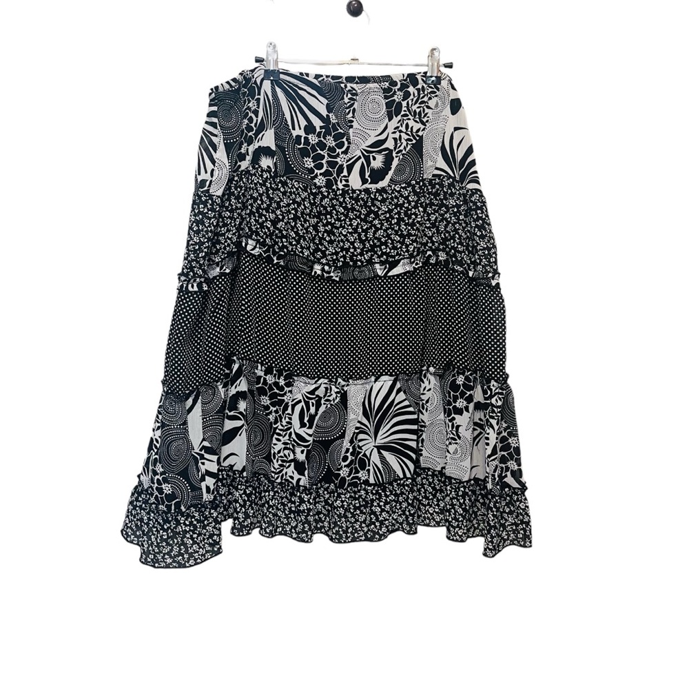 Notations Boho Tiered Maxi Skirt SZ XL Black White Tropical  Artsy Resortwear